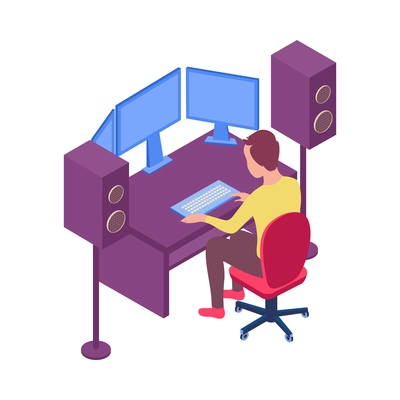 E-sport cybersport isometric composition with view of workplace with computer and gamer guy vector illustration