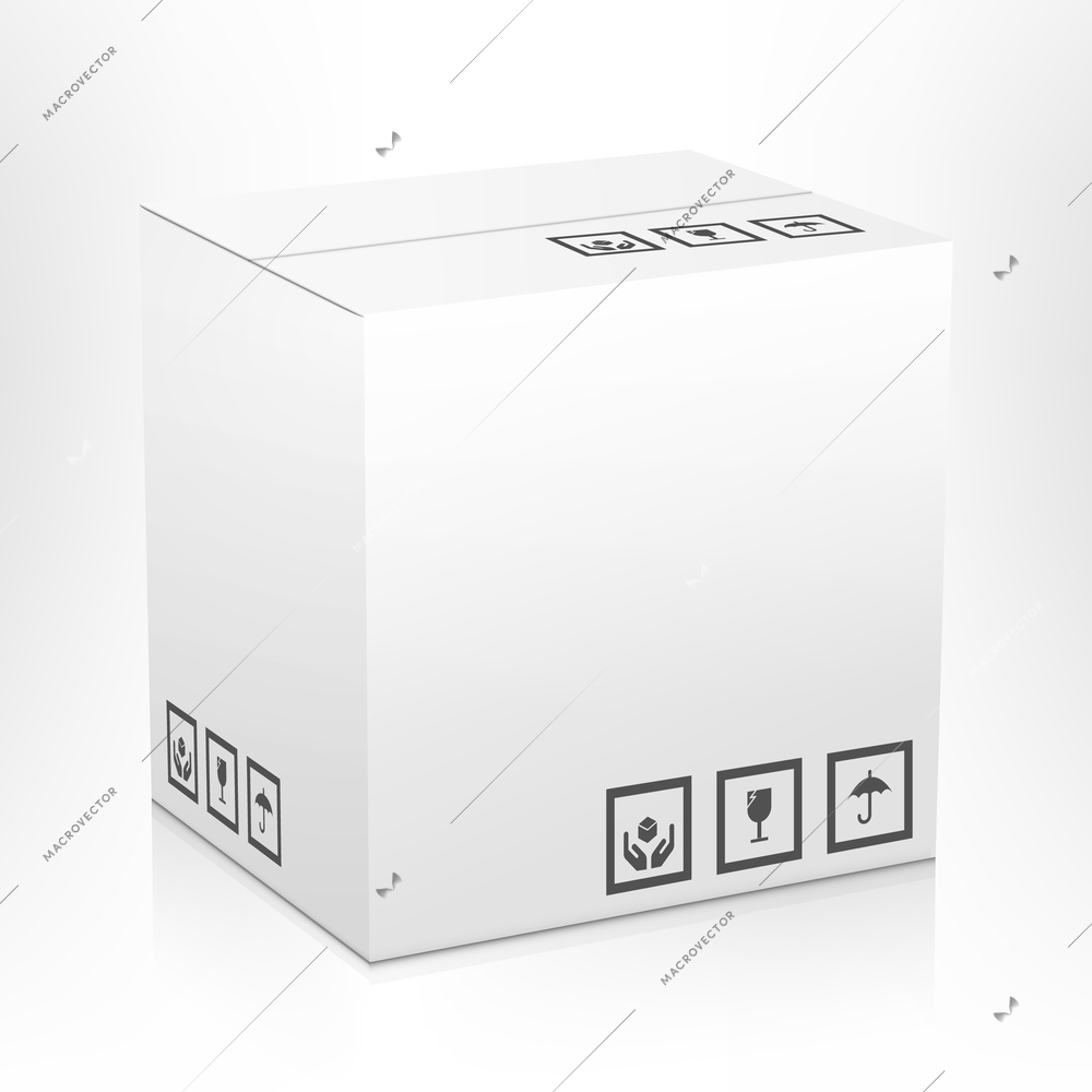 White closed carton delivery parcel packing box with fragile signs isolated on white background vector illustration