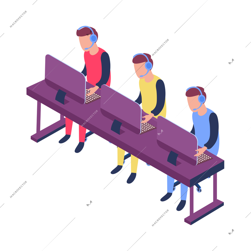 E-sport cybersport isometric composition with characters of male players sitting at table with computers vector illustration