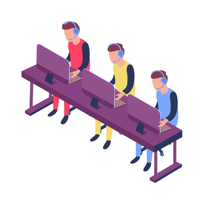 E-sport cybersport isometric composition with characters of male players sitting at table with computers vector illustration