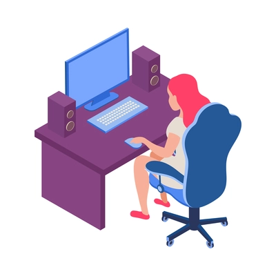 E-sport cybersport isometric composition with view of workplace with computer and gamer girl vector illustration