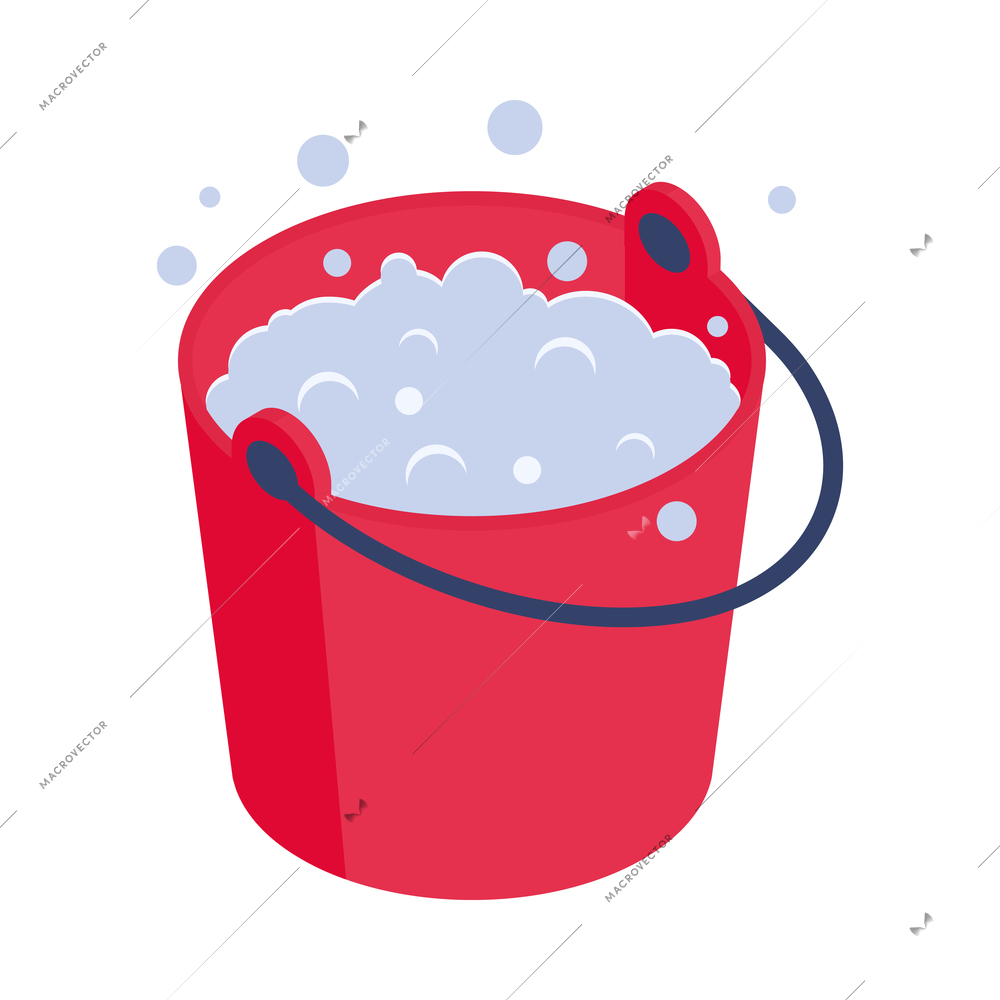 Isometric cleaning housework composition with isolated image of red bucket with foam vector illustration