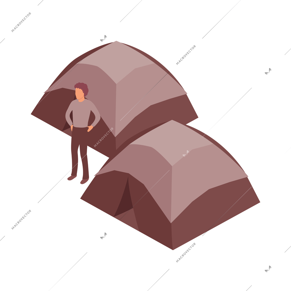 Protest meeting isometric composition with images of tents with protester character vector illustration