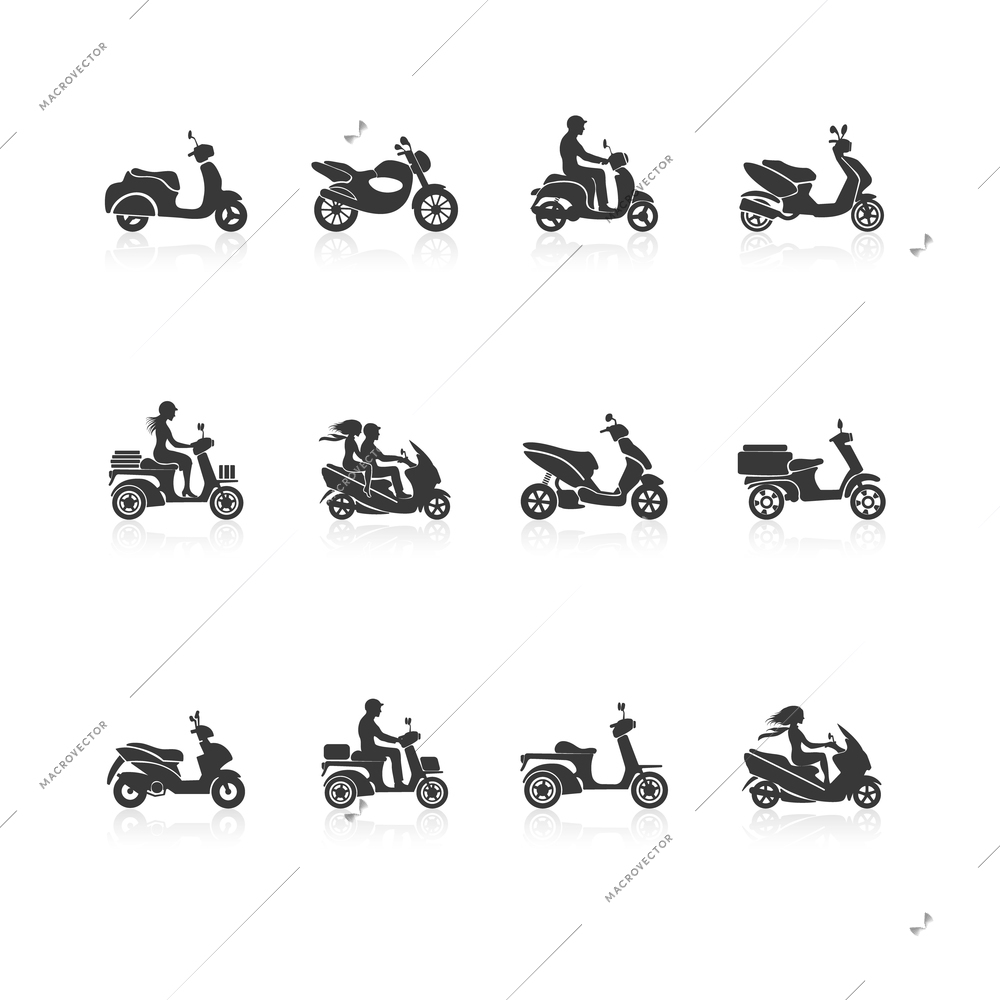 Black scooter motorcycle vehicles with people silhouettes icons set isolated vector illustration