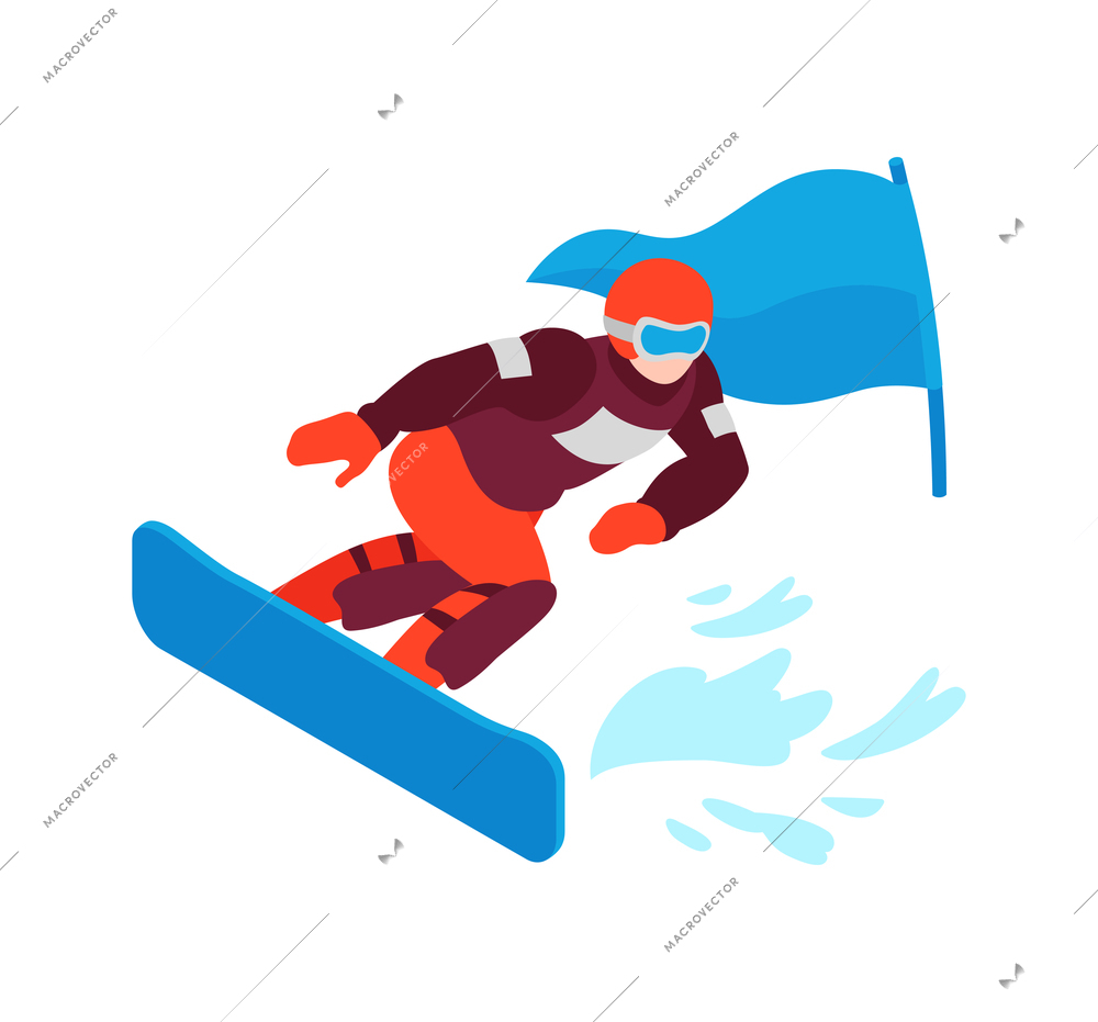 Isometric winter sport composition with human character of snowboarder on snowboard with flag vector illustration