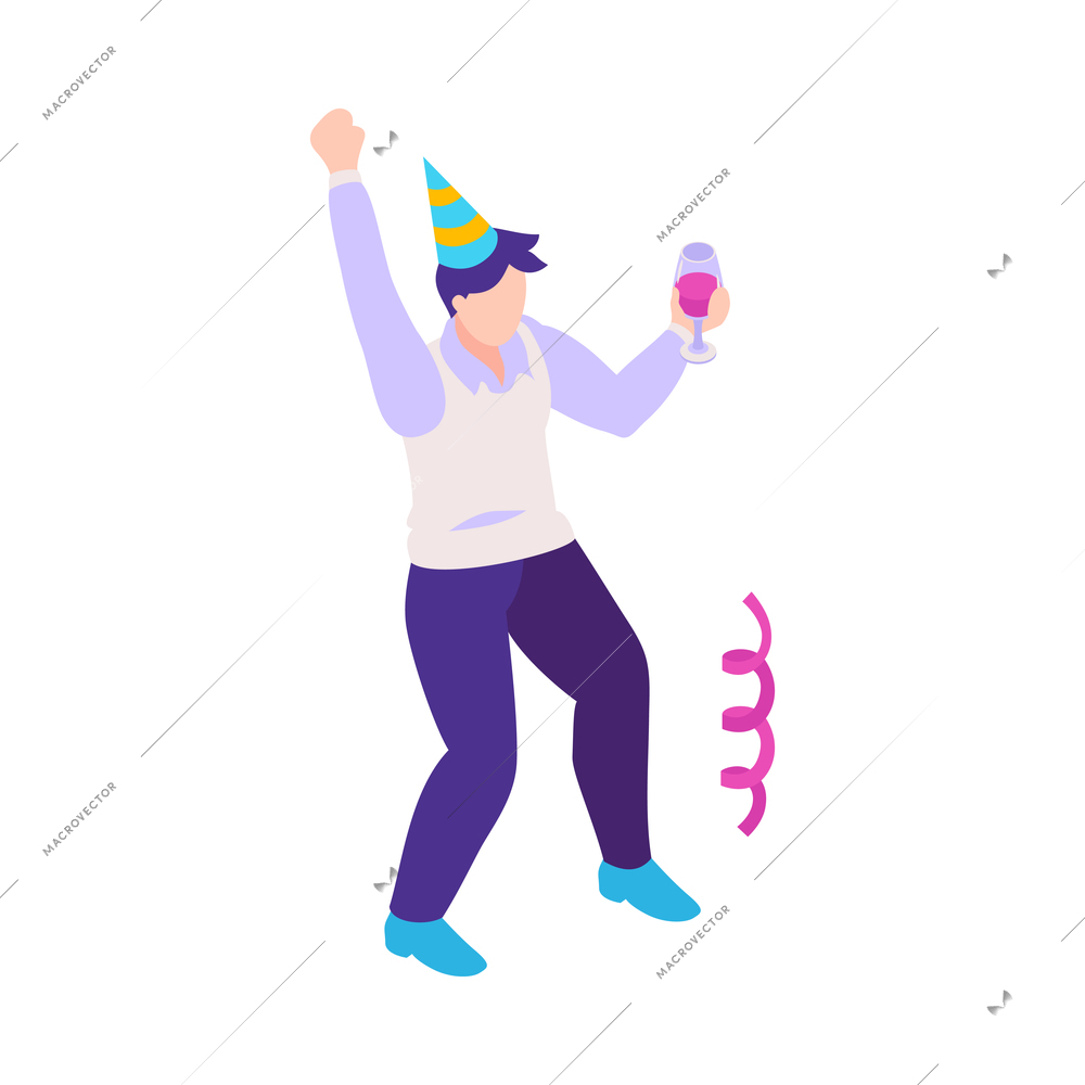 Isometric firework celebrating holiday composition with serpentine and man in party hat with drink vector illustration