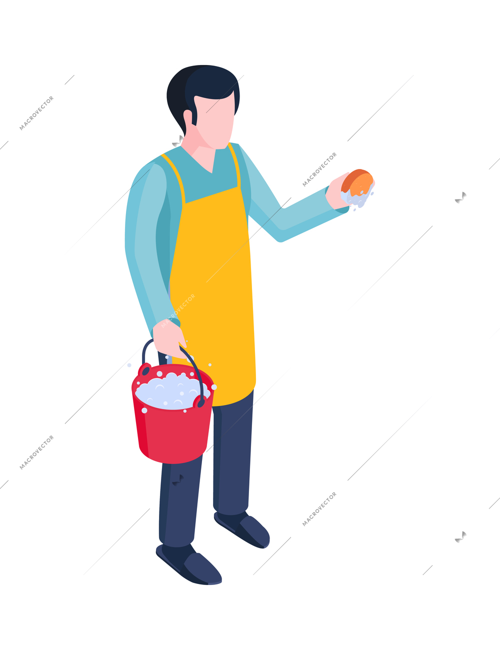 Isometric cleaning housework composition with isolated character of male household worker vector illustration