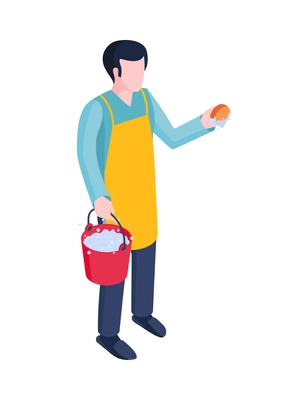 Isometric cleaning housework composition with isolated character of male household worker vector illustration