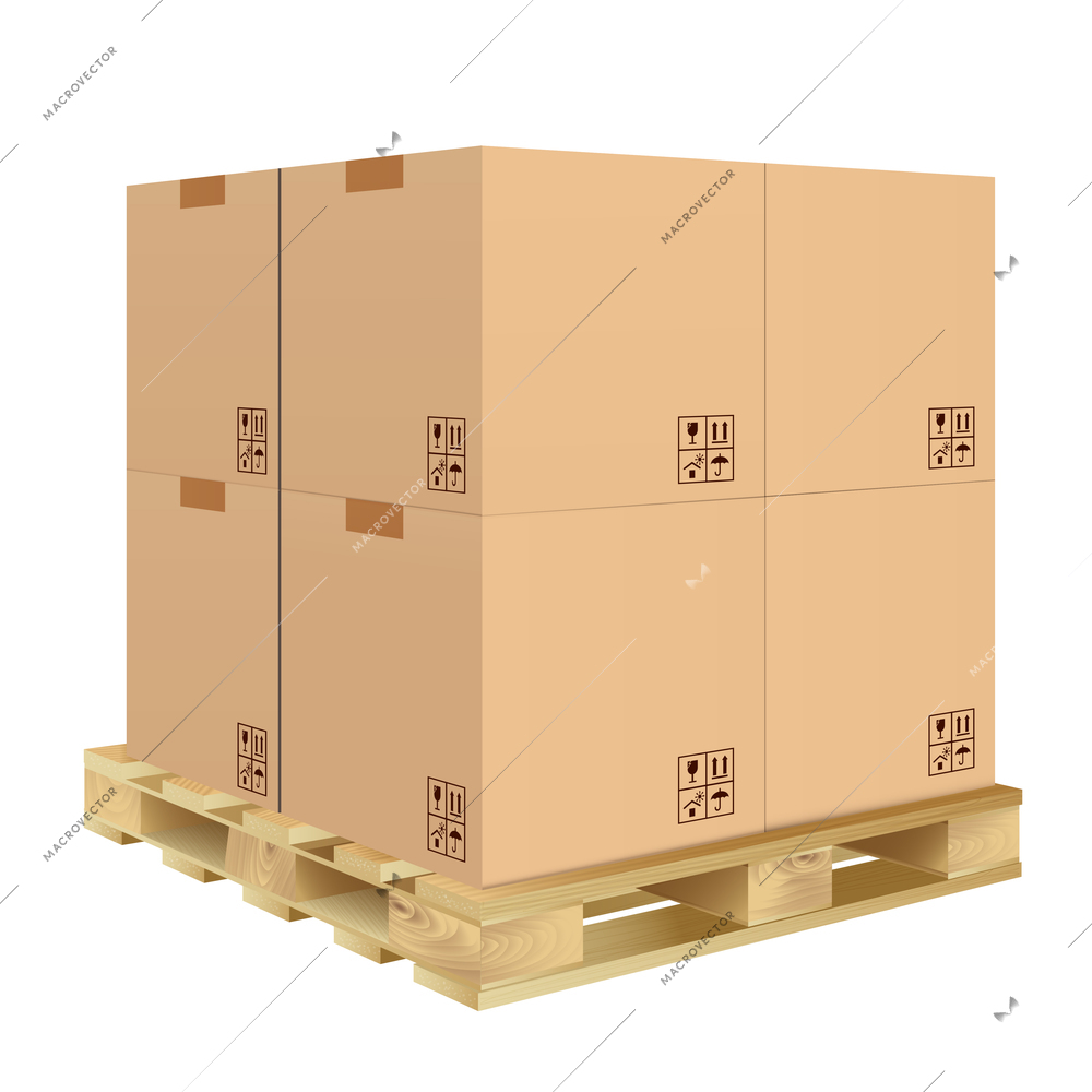 Brown closed carton delivery packaging box with fragile signs on wooden pallet isolated on white background vector illustration.