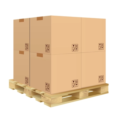 Brown closed carton delivery packaging box with fragile signs on wooden pallet isolated on white background vector illustration.