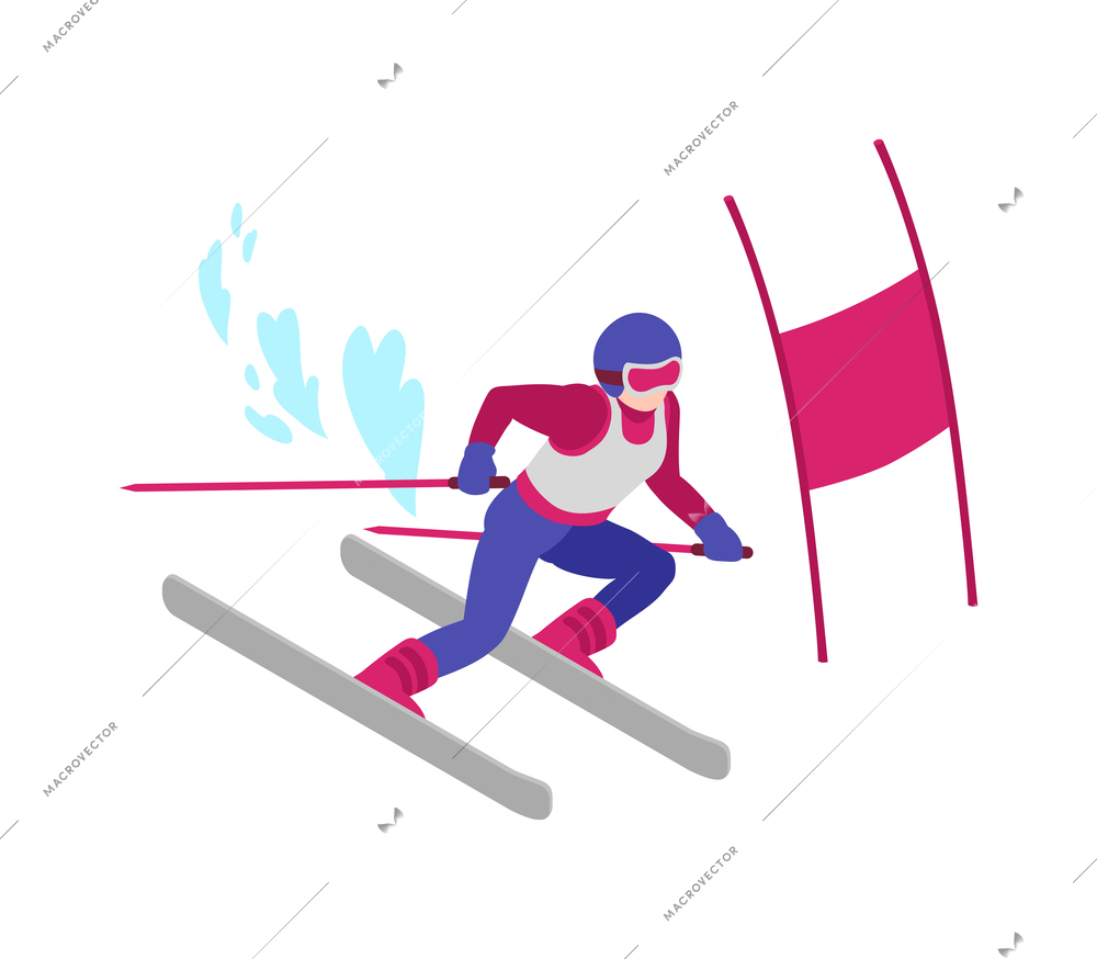 Isometric winter sport composition with human character of slalom athlete with flag vector illustration