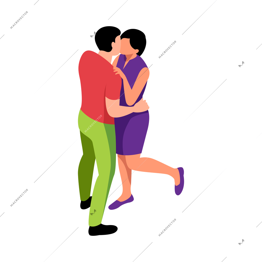 Isometric couple in love composition with characters of loving couple kissing each other vector illustration