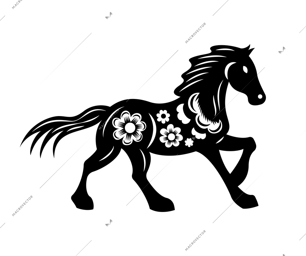 Year animal chinese cutting paper composition with isolated monochrome image of horse decorated with flowers vector illustration