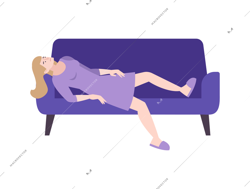 Psychology trauma flat composition with character of distracted woman lying on sofa on blank background vector illustration