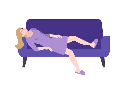 Psychology trauma flat composition with character of distracted woman lying on sofa on blank background vector illustration