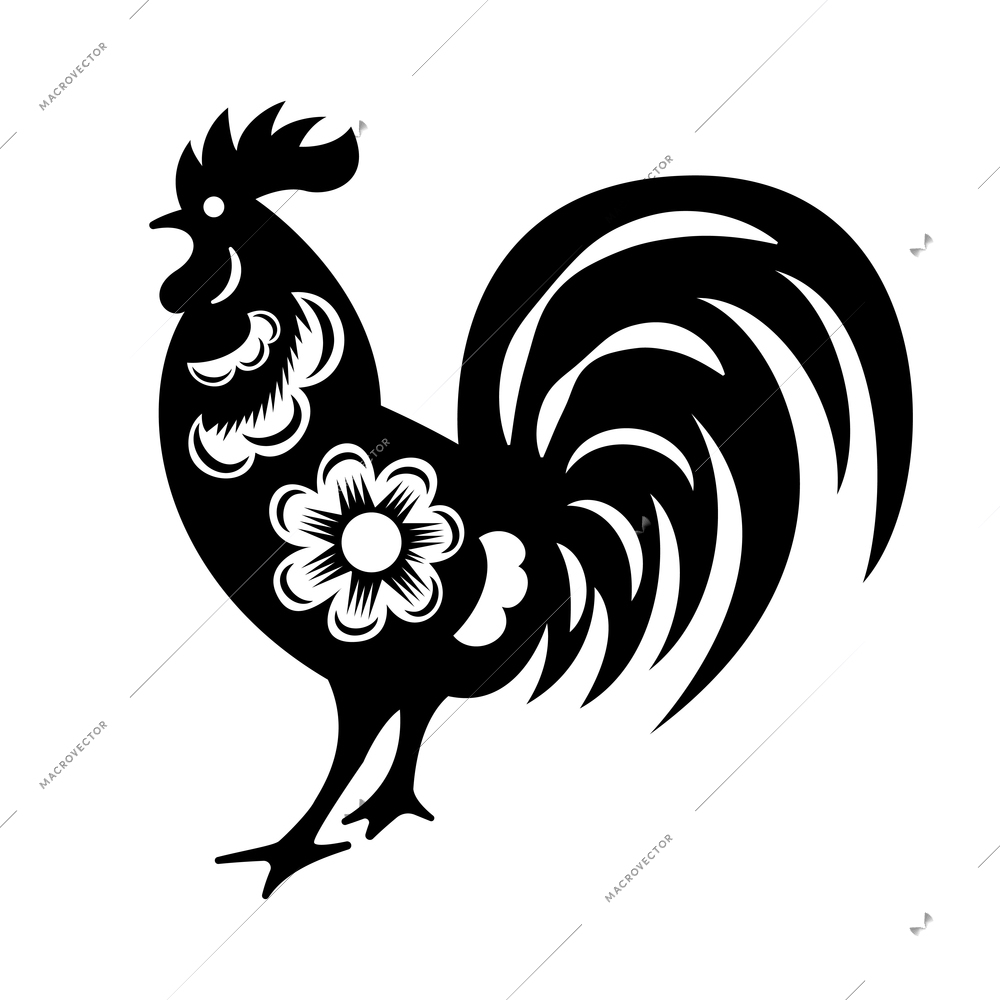 Year animal chinese cutting paper composition with isolated monochrome image of rooster decorated with flowers vector illustration