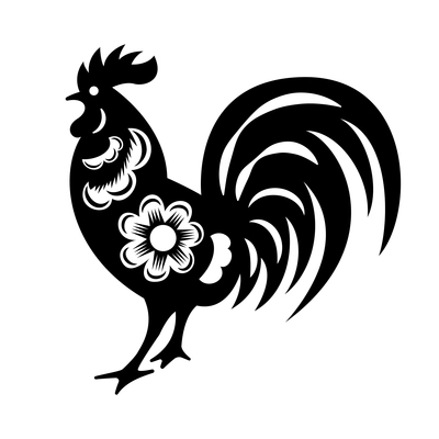Year animal chinese cutting paper composition with isolated monochrome image of rooster decorated with flowers vector illustration