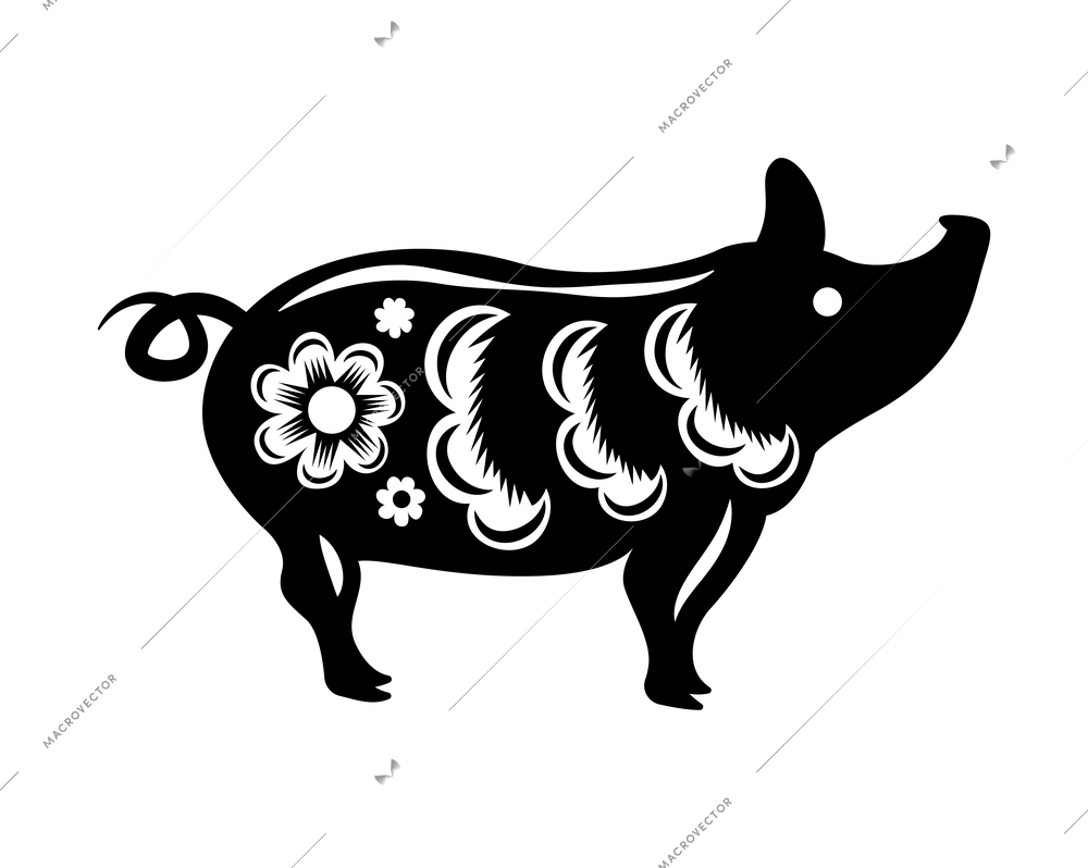 Year animal chinese cutting paper composition with isolated monochrome image of pig decorated with flowers vector illustration