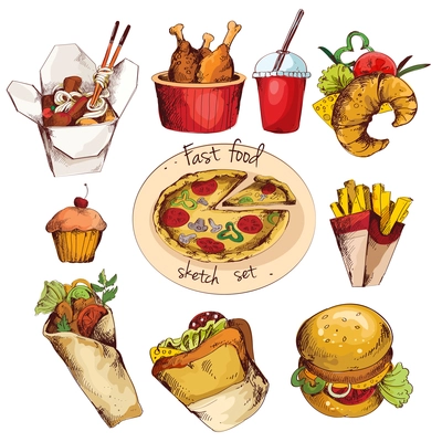 Fast food decorative colored sketch icons set of cupcake drink croissant isolated vector illustration