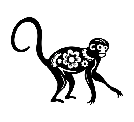 Year animal chinese cutting paper composition with isolated monochrome image of monkey decorated with flowers vector illustration