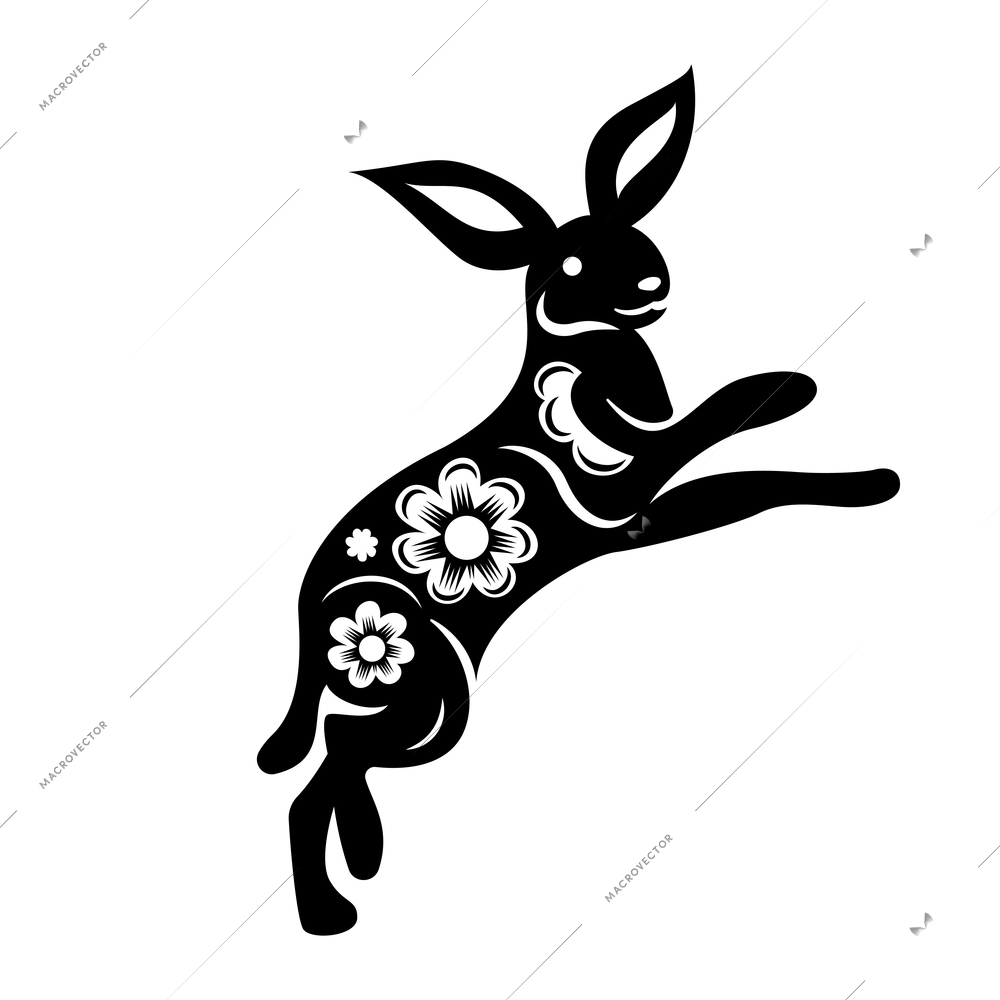 Year animal chinese cutting paper composition with isolated monochrome image of rabbit decorated with flowers vector illustration