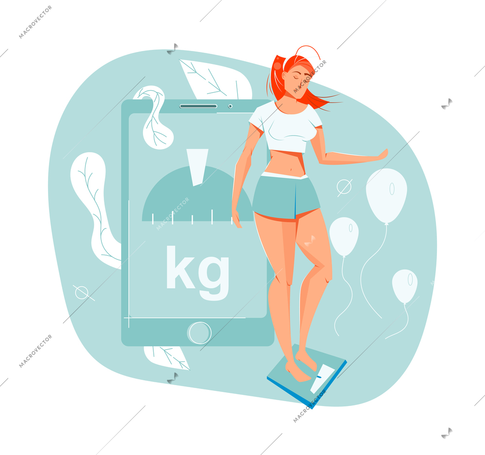 Sport people composition with doodle character of girl standing on floor balance with tablet app vector illustration