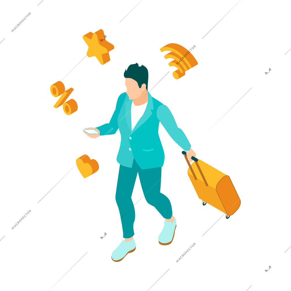 Isometric travel booking transport hotel composition with tourist and multi purpose smartphone app icons vector illustration
