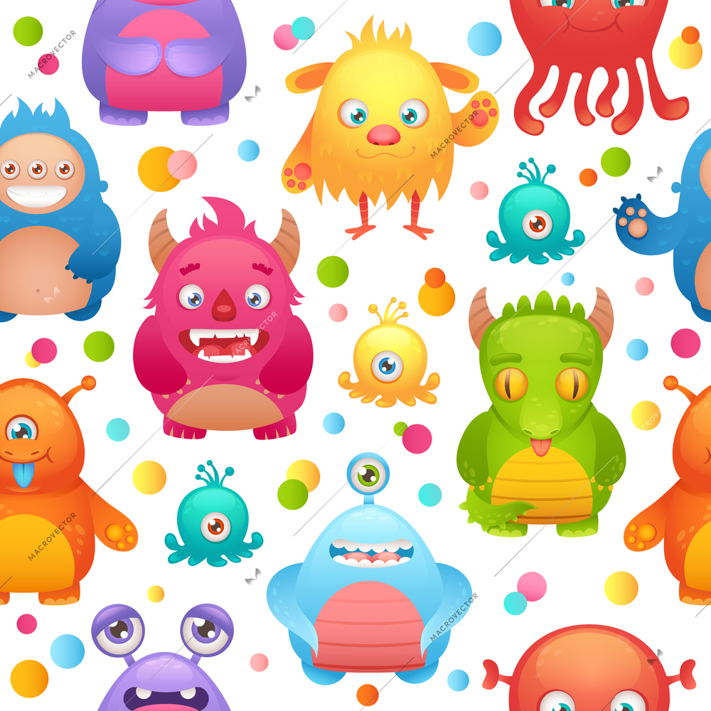 Cute cartoon monsters little funny alien mutant character seamless pattern vector illustration