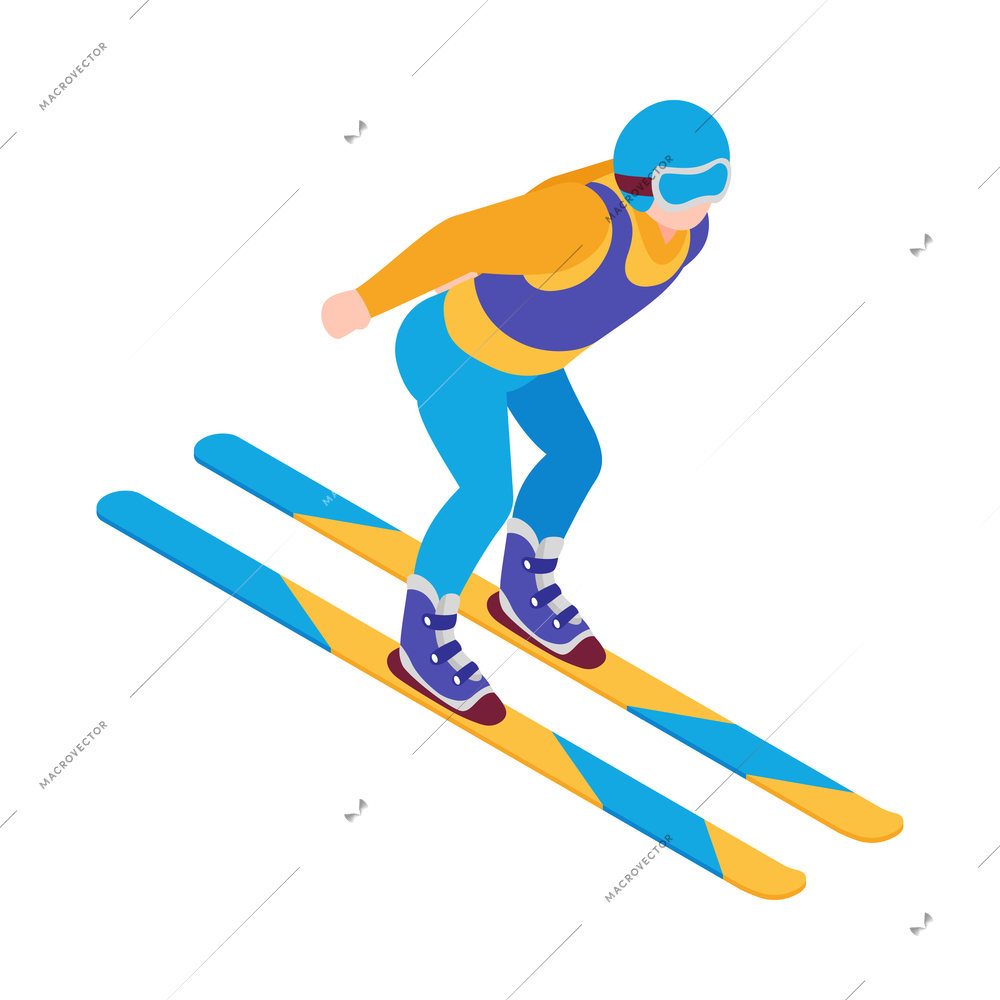 Isometric winter sport composition with human character of moving ski jumper vector illustration