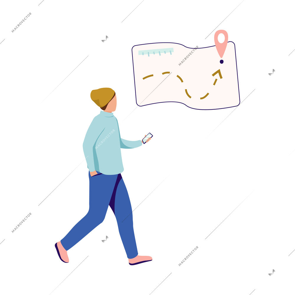 People with gadgets flat composition with character of walking guy using smartphone navigation app vector illustration