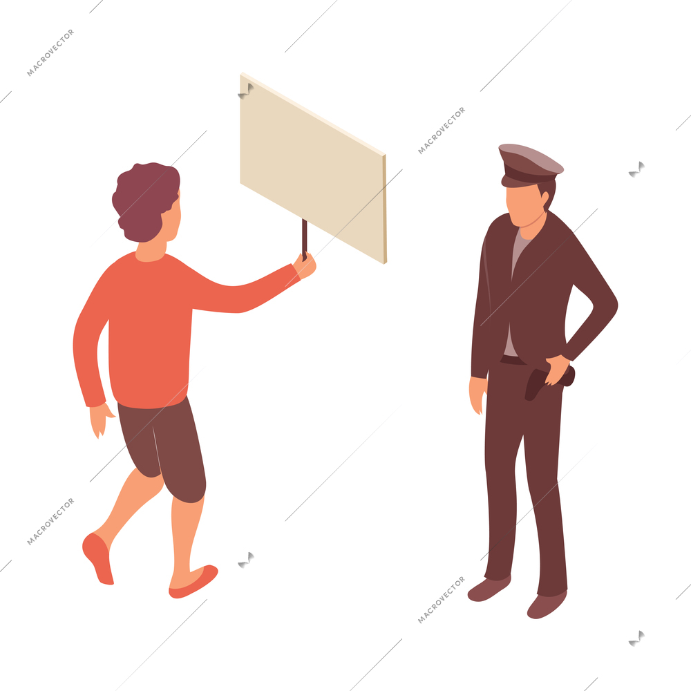 Protest meeting isometric composition with characters of female protester holding placard in front of police officer vector illustration