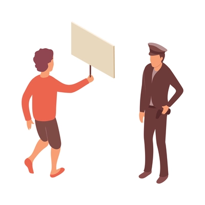 Protest meeting isometric composition with characters of female protester holding placard in front of police officer vector illustration
