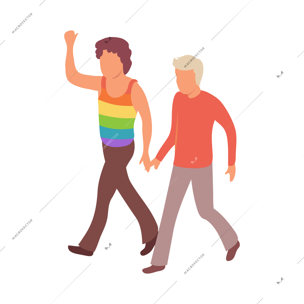 Protest meeting isometric composition with characters of walking gay couple raising hand vector illustration