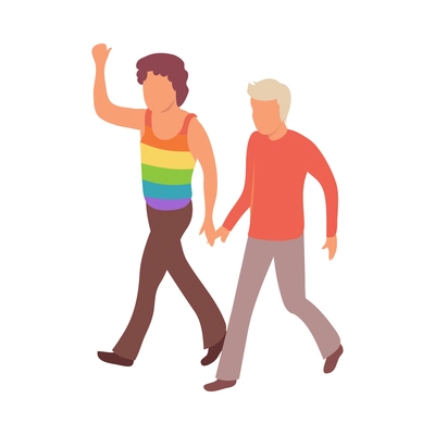 Protest meeting isometric composition with characters of walking gay couple raising hand vector illustration