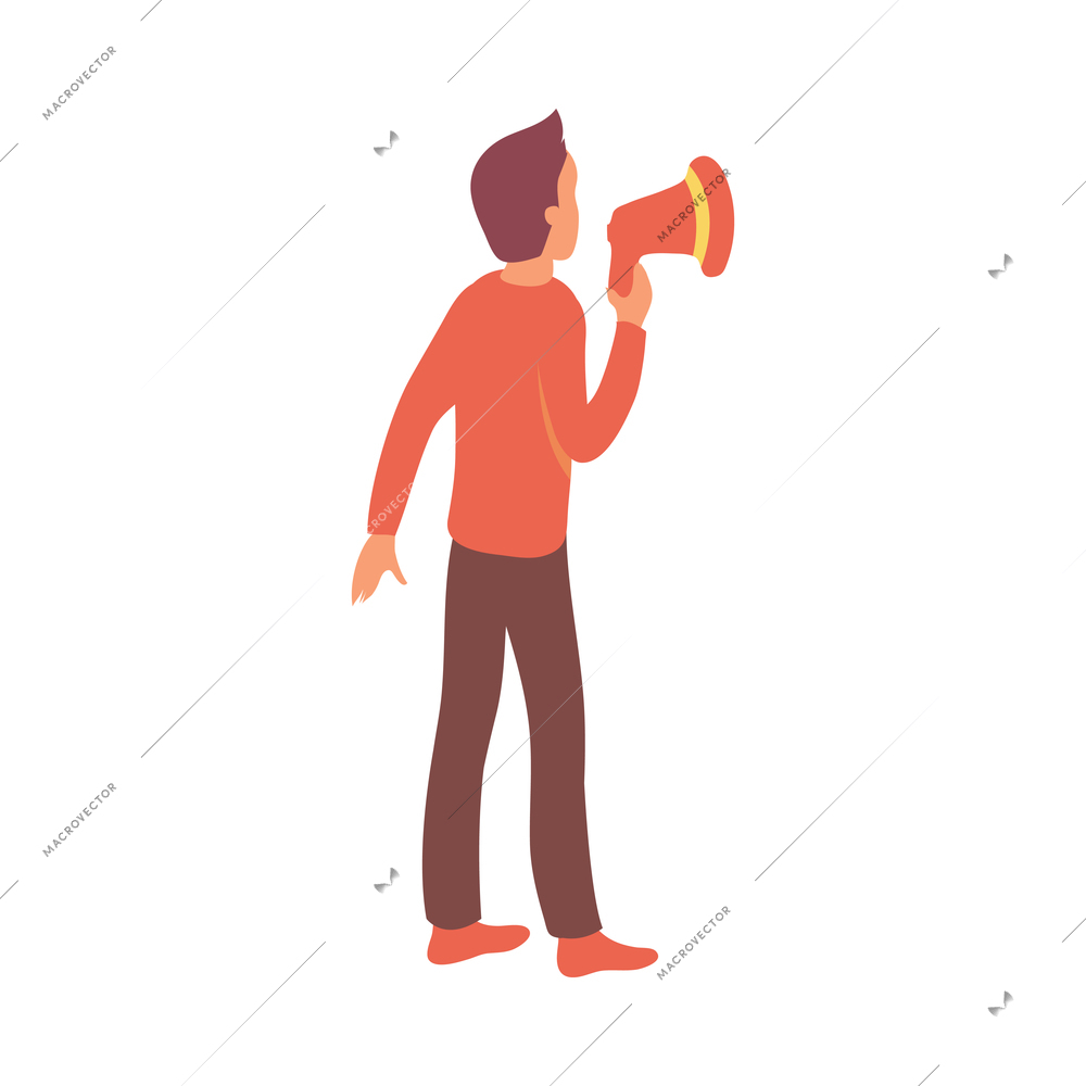 Protest meeting isometric composition with character of guy crying out in megaphone vector illustration