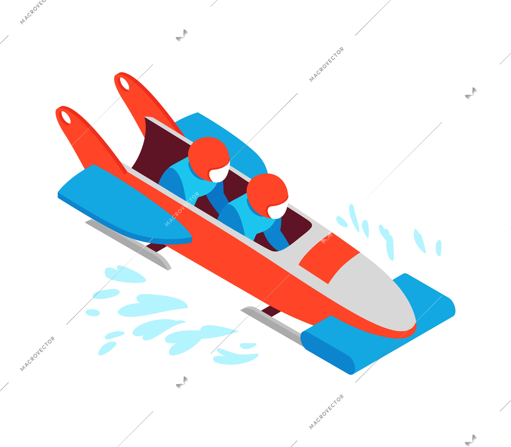 Isometric winter sport composition with human characters of two bobsledders riding bob vector illustration