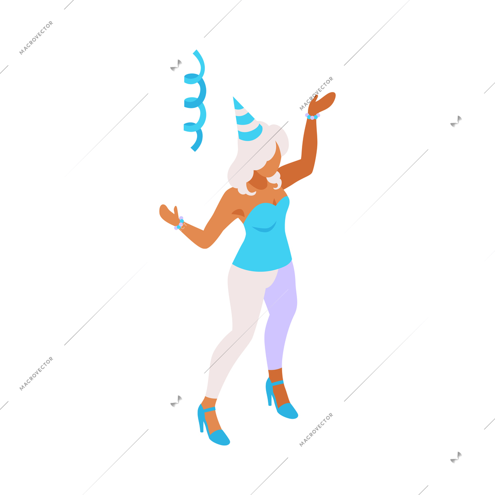 Isometric firework celebrating holiday composition with serpentine and female character in party hat vector illustration