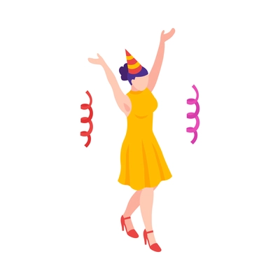 Isometric firework celebrating holiday composition with serpentine and female character in party hat vector illustration