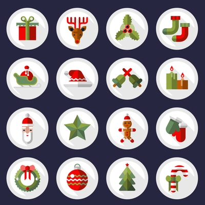 Christmas new year buttons icons set with gift box deer mistletoe sock isolated vector illustration