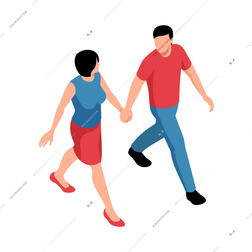 Isometric couple in love composition with characters of walking loving couple holding hands vector illustration