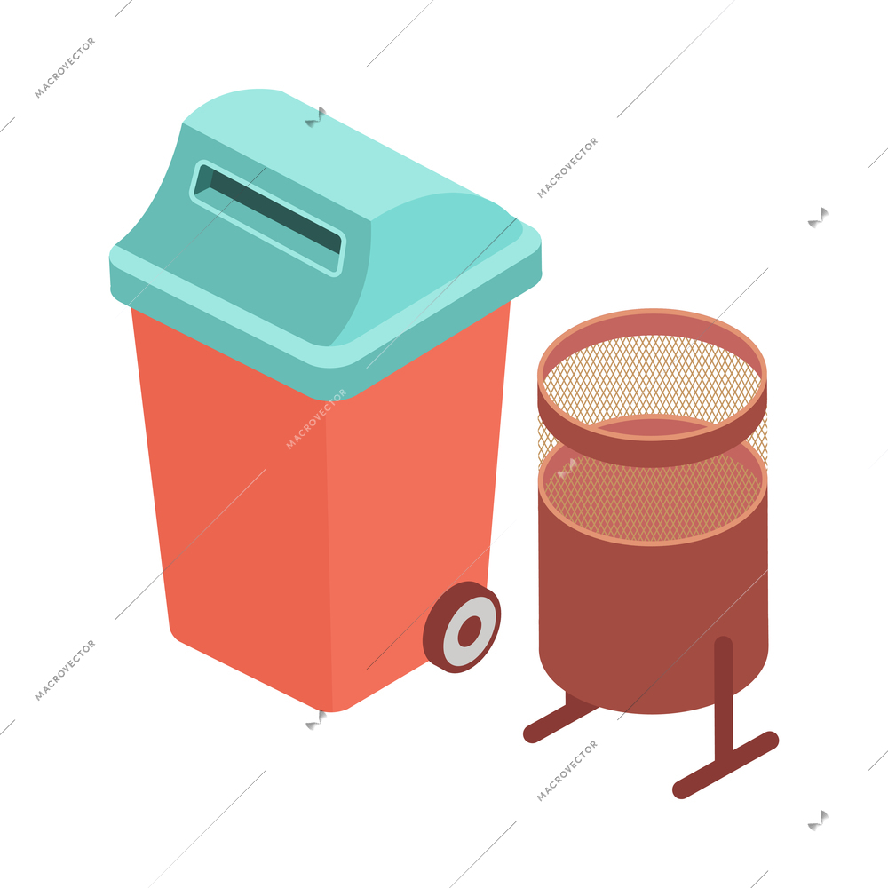 Sweeper street isometric composition with isolated image of street trash bins vector illustration