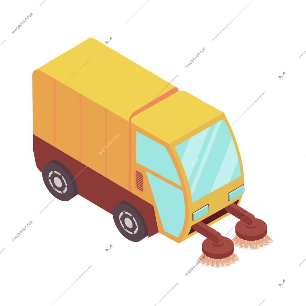 Sweeper street isometric composition with isolated image of pavement cleaning machine vector illustration