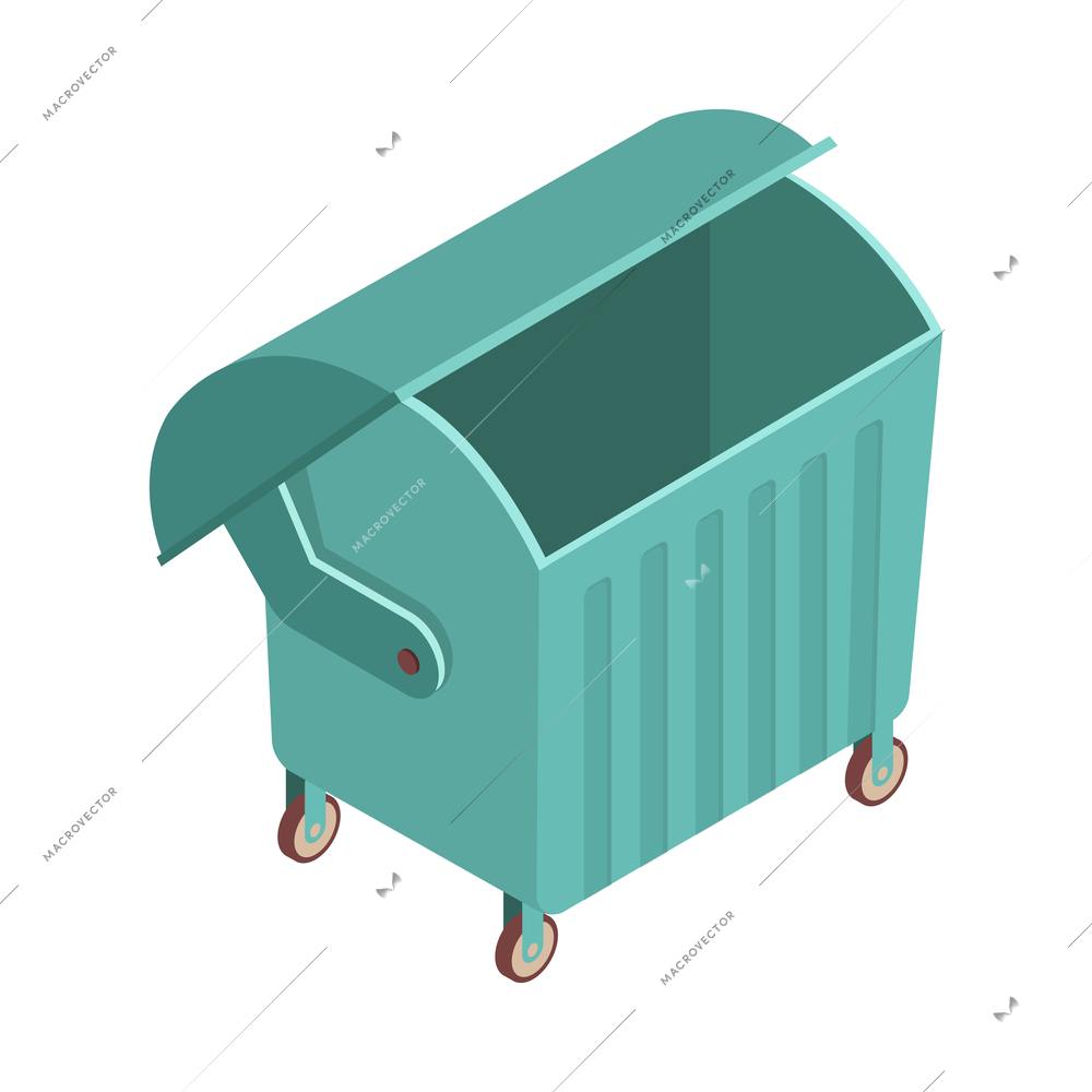 Sweeper street isometric composition with isolated image of green garbage container with open lid vector illustration