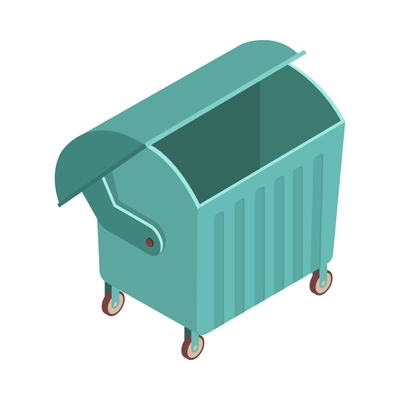 Sweeper street isometric composition with isolated image of green garbage container with open lid vector illustration