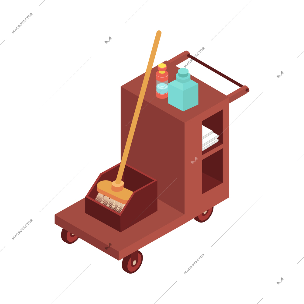 Sweeper street isometric composition with isolated image of wheelbarrow with mops and detergents vector illustration