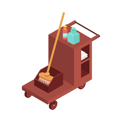 Sweeper street isometric composition with isolated image of wheelbarrow with mops and detergents vector illustration