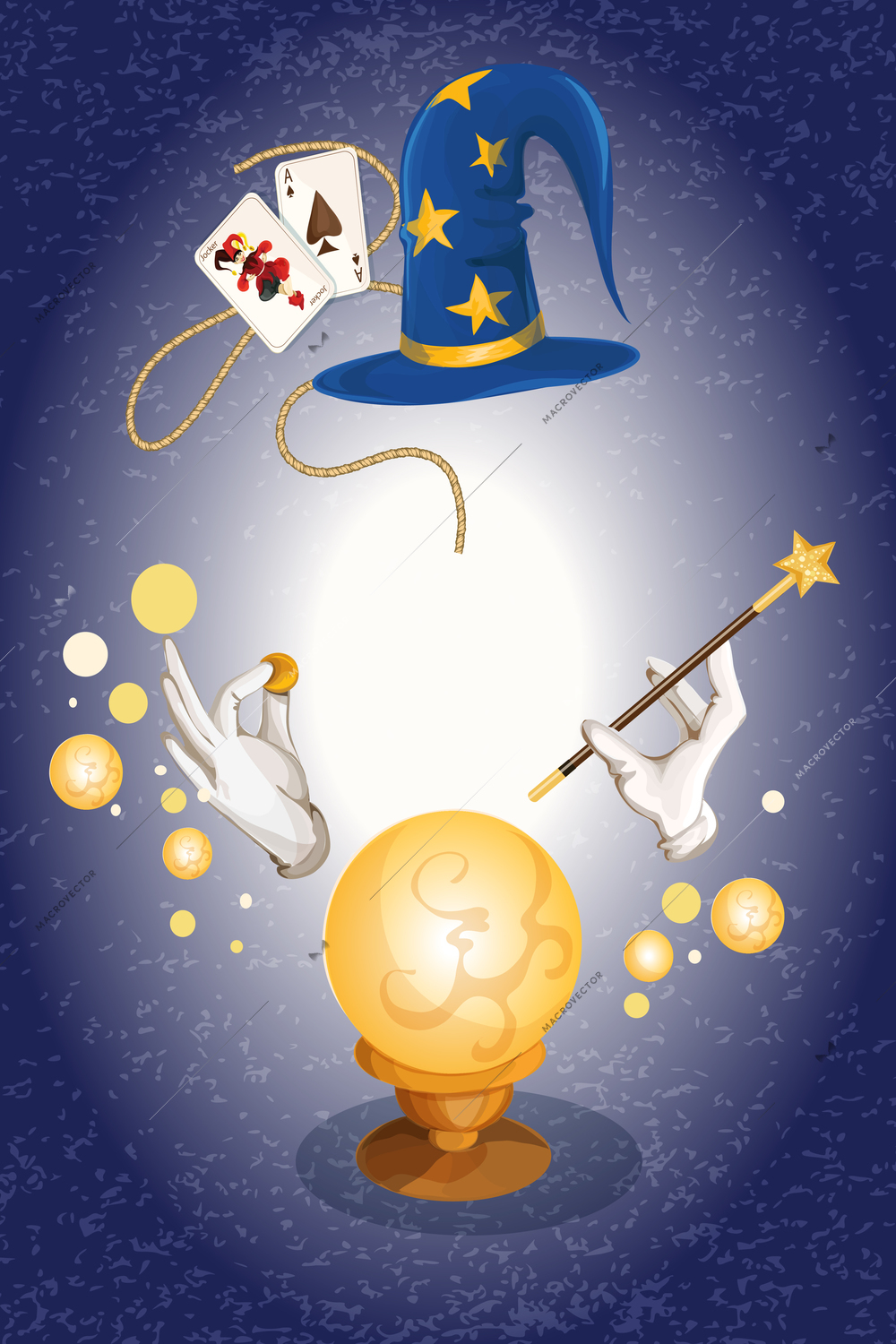 Magician decorative colored background with wizard hat golden sphere vector illustration