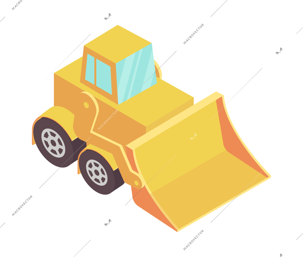 Sweeper street isometric composition with isolated image of yellow bulldozer vector illustration