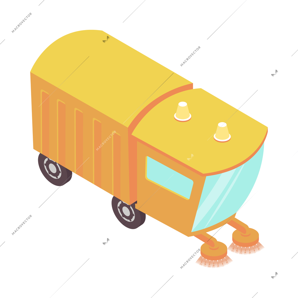 Sweeper street isometric composition with isolated image of compact pavement cleaner vector illustration