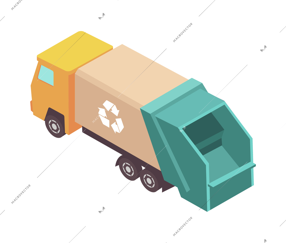 Sweeper street isometric composition with isolated image of sanitation truck vector illustration